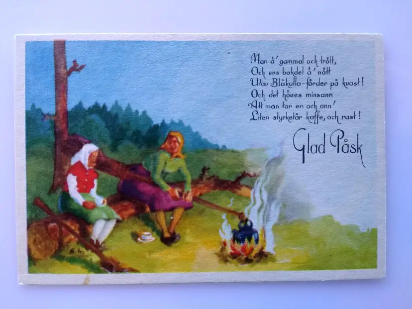 Easter Witches Postcard Fantasy Glad Pask Tea Kettle Campfire Sweden Vintage