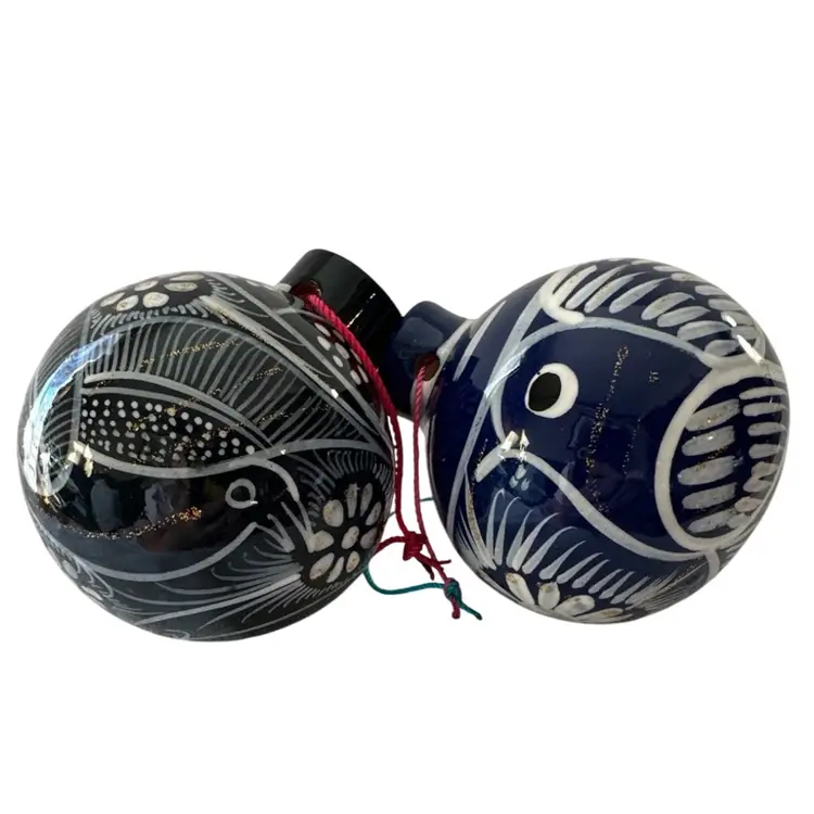 2- Talavera Christmas Balls Ornament Mexican Ceramic Folk Art Pottery Birds