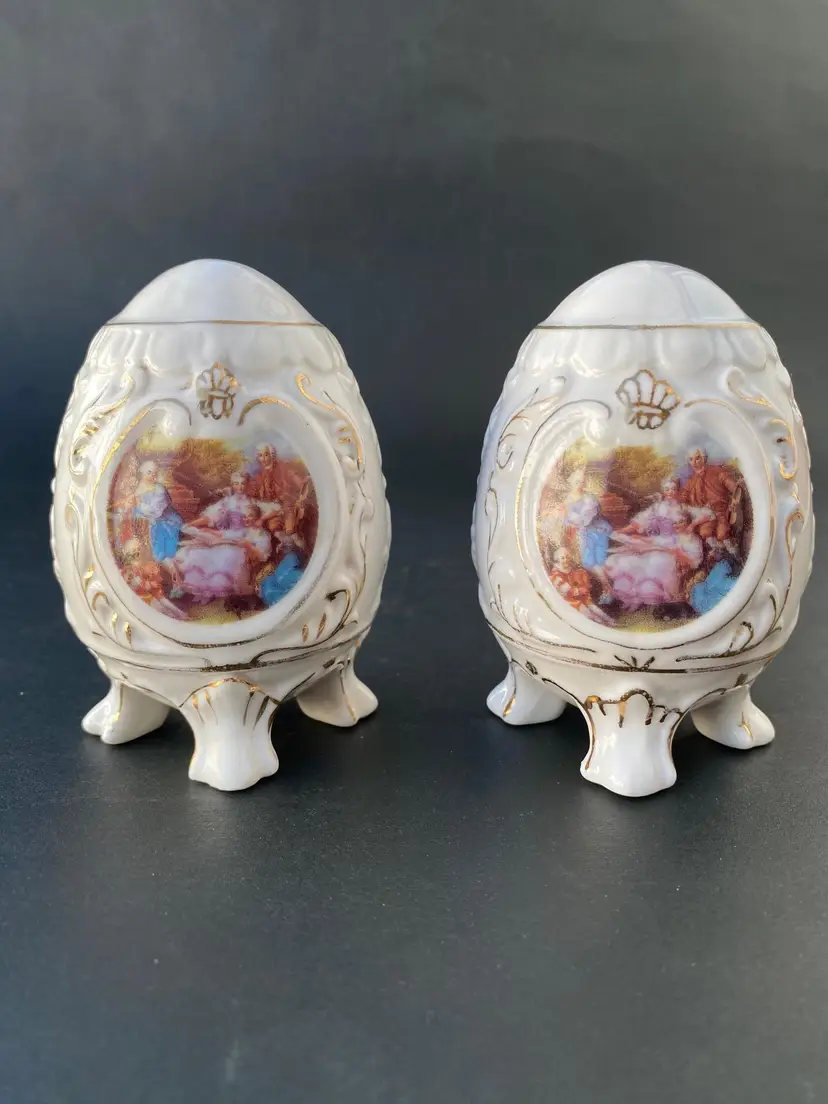 Egg Shape Porcelain Salt & Pepper Shakers Rococo Design Footed 3.5"