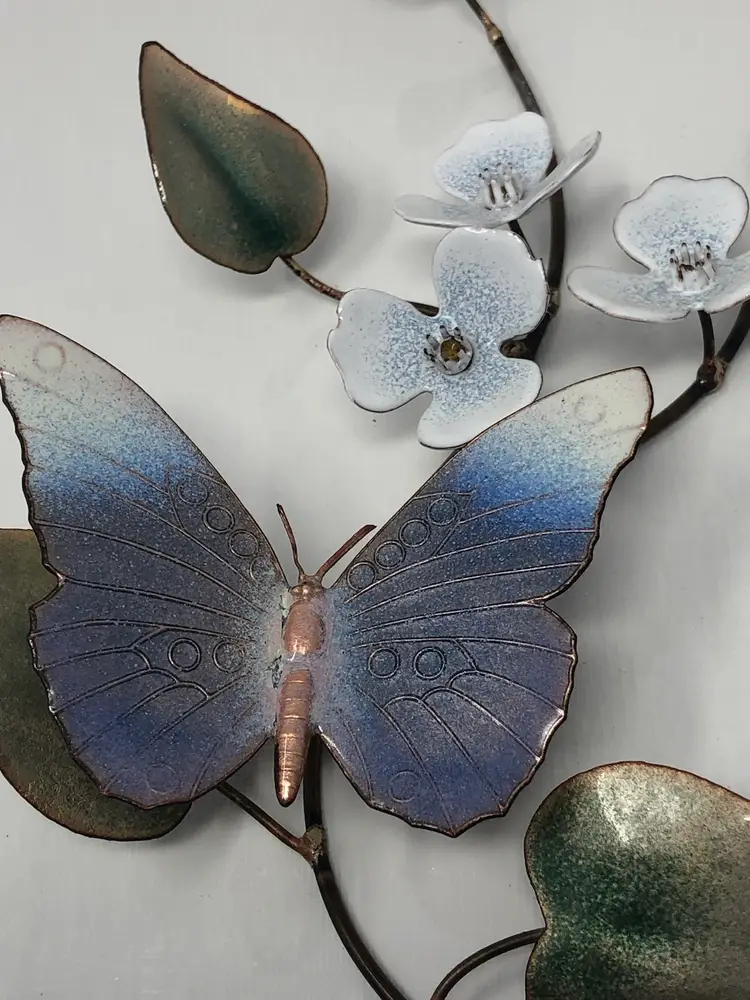 Bovano of Cheshire Butterfly and Blossoms Enamel on Copper Wall Art
