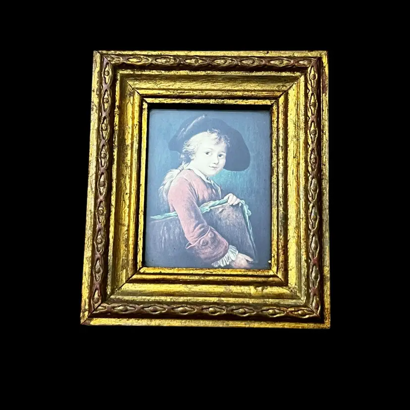 Vintage Italian Florentine Framed Miniature Print – François-Hubert Drouais “Young Student” – 1950s Gilded Frame Art Made in Italy
