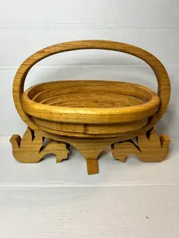 Vintage Handcrafted Wood Collapsible Spiral Oak Wood Trivet Basket Combination