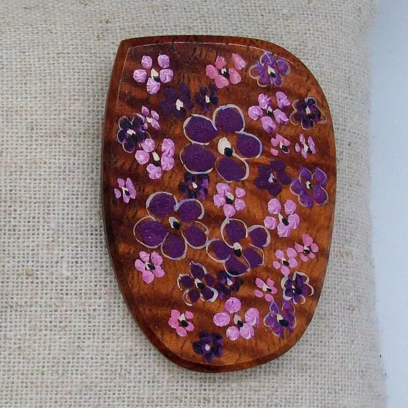 Vintage Handcrafted Hand Painted Purple Pink Violet Flower Blossoms on Koa Wood Brooch Pin Artist Signed