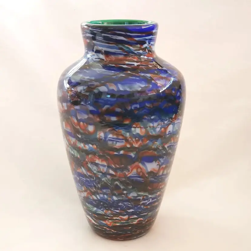 Art Glass Cased Hand Blown Art Glass Vase Blue Wavy 7 5/8"T Signed & Dated 4-02