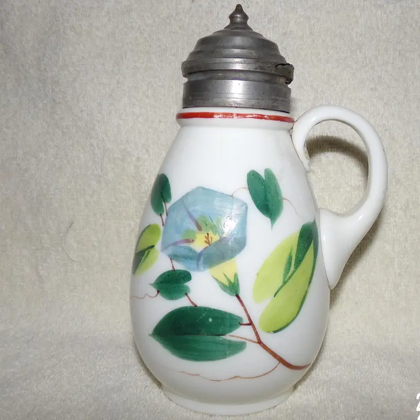 EAPG Milk Glass Hand Painted SYRUP PITCHER By Unknown Maker. c.1870-1910