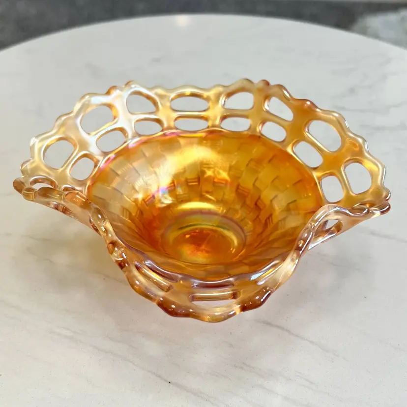 Fenton Marigold Carnival Glass Basketweave Bowl Open Lace Edge Ruffled Dish