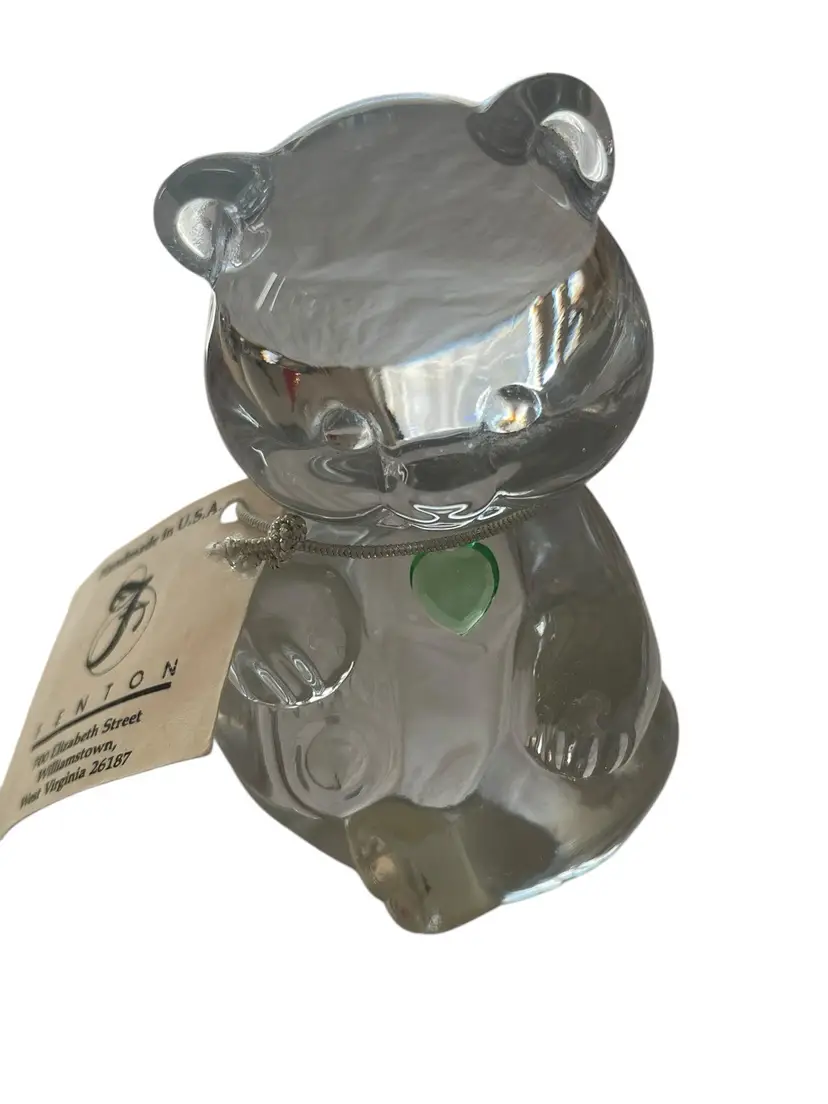 Fenton Clear Glass Bear Figurine with Green Heart Shaped August Birthstone