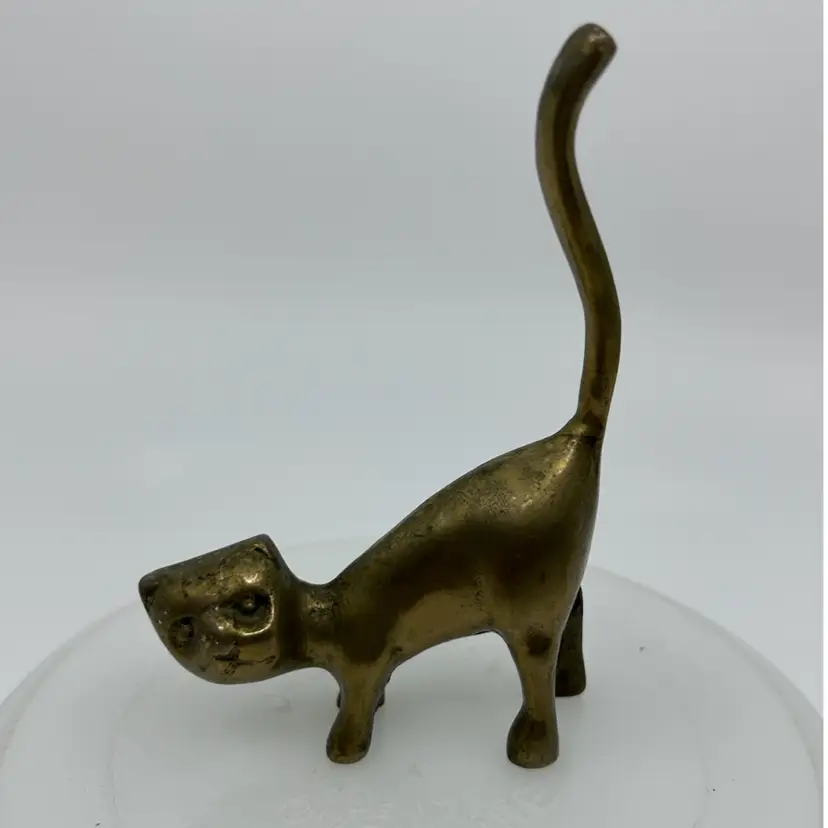 Vintage MCM Brass Cat Long Tail Figurine Ring Holder
