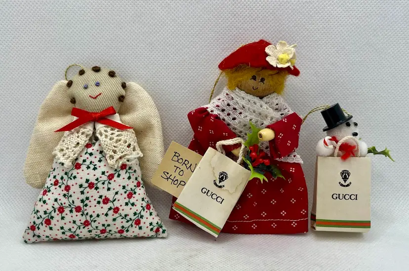Vintage handmade adorable Christmas ornaments, born to shop , snowman in shopping bag , cloth angel , lot of 3