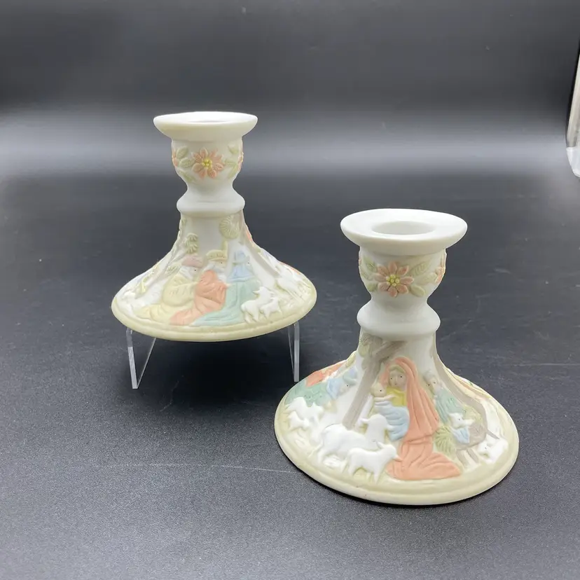 #01 Lefton Christopher Collection Porcelain Nativity Scene Candle Holders Religious