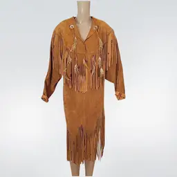 Vintage Leather Fringe & Beads Western Native American Pullover Dress