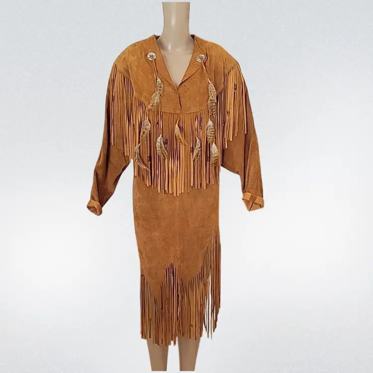 Vintage Leather Fringe & Beads Western Native American Pullover Dress