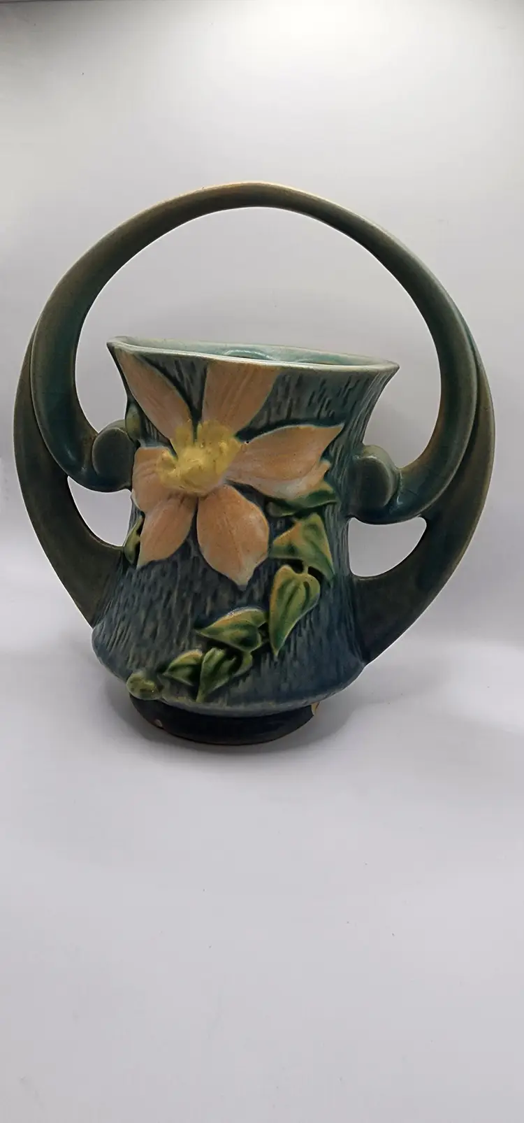 Rare Vintage Roseville 1944 Clematis Blue Vase Art Deco Pottery Basket # 387-7