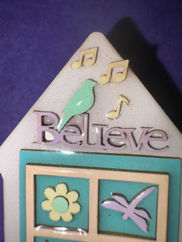Designs By LUCINDA House Pin ~ Light Pink, Lavender And Teal Figural House With The Word “BELIEVE” ~ Dragonflies And Flowers ~ AND …  It Has A BIRD On It!! 🦜