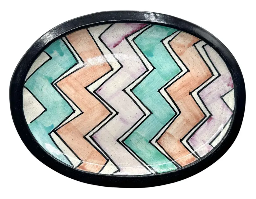 Signed Studio Art Pottery Serving Platter Plate Chevron Pastel Pink Blue Purple