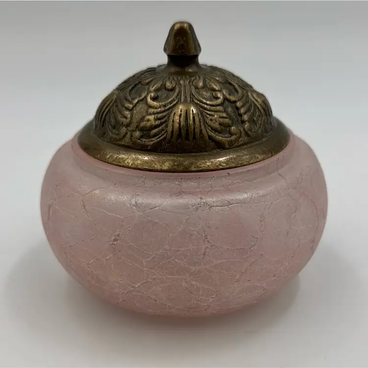 Vintage Vanity Pink thick crackel glass jar with brass lid