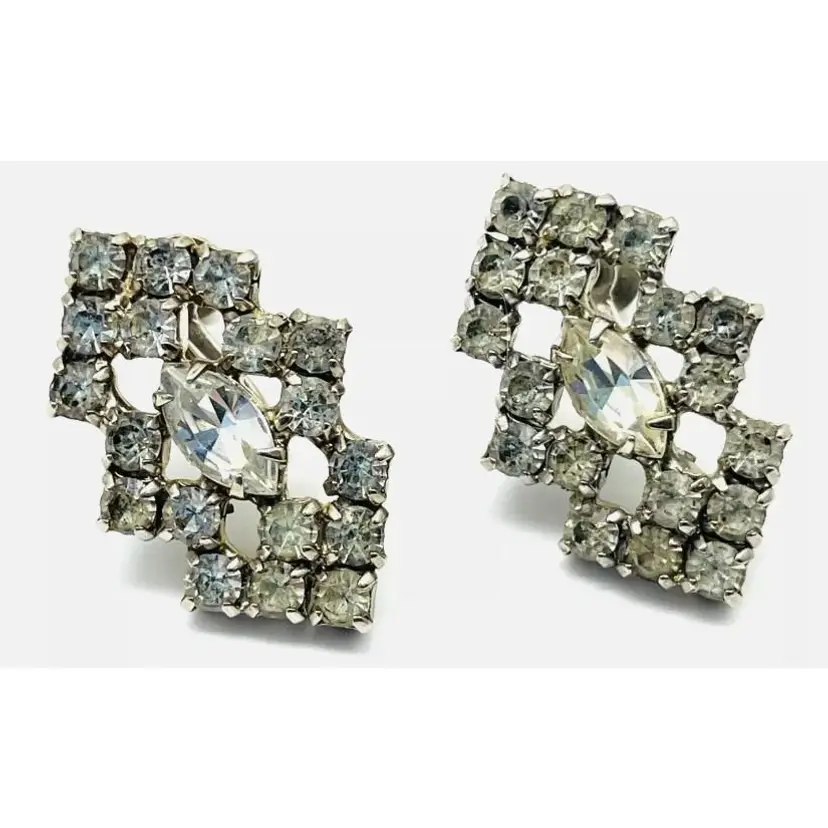 Vintage Rhinestone Clip-On Earrings Geometric Design 13256