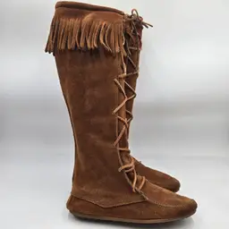Minnetonka Brown Lace Front Knee High Suede Fringe Moccasins Festival Boots Sz 7