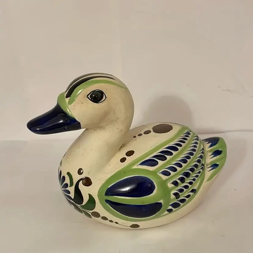 #604 Tonala Mexico Duck Painted In Green, Blue And Brown
