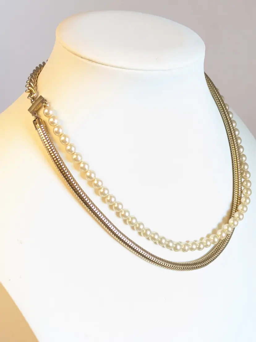 Vintage Double Strand Pearl and Gold Tone Chain Choker Necklace