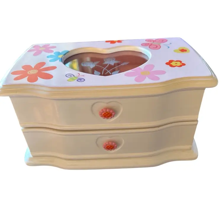 Vintage White wooden jewelry box Flowers With 1 drawer & glass heart on top. 🦋