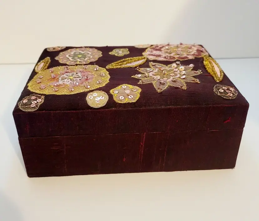Vintage Embroidered Beaded Floral Lined Jewelry Storage Box with Mirror 8" Wide