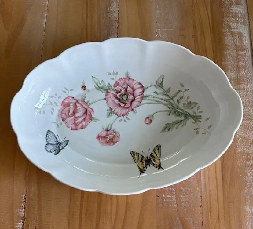 Lenox Butterfly Meadow Oval Bowl Large Scalloped Louise Le Luyer 13”
