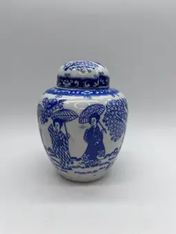 Mid Century Japanese ISCO Porcelain Lidded Ginger Jar Geisha Garden