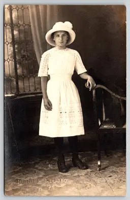 Postcard RPPC Young Woman in White Lace Dress Bucket Hat Real Photo - 9088
