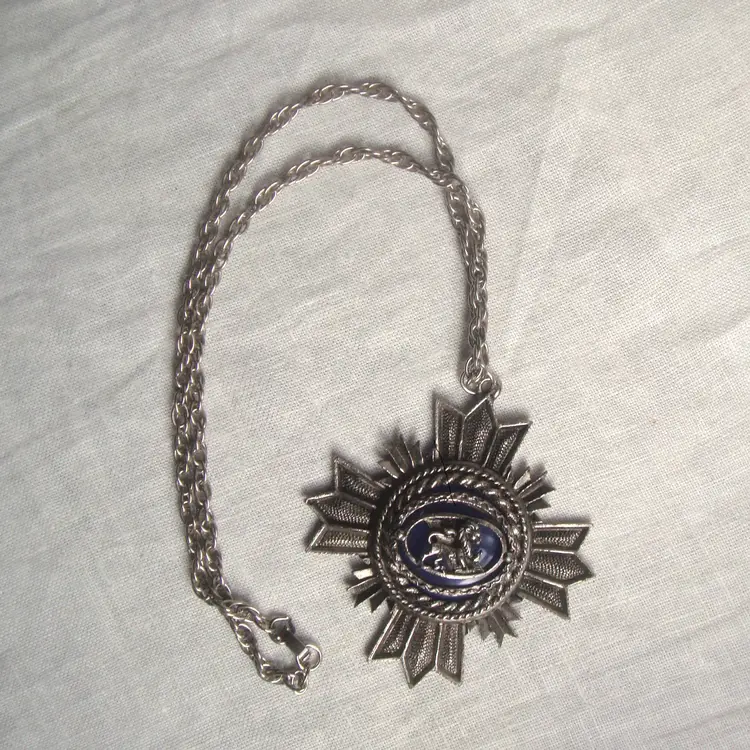 Fierce Silvertone Maltese Cross Heraldic Lion Medallion Pendant Necklace