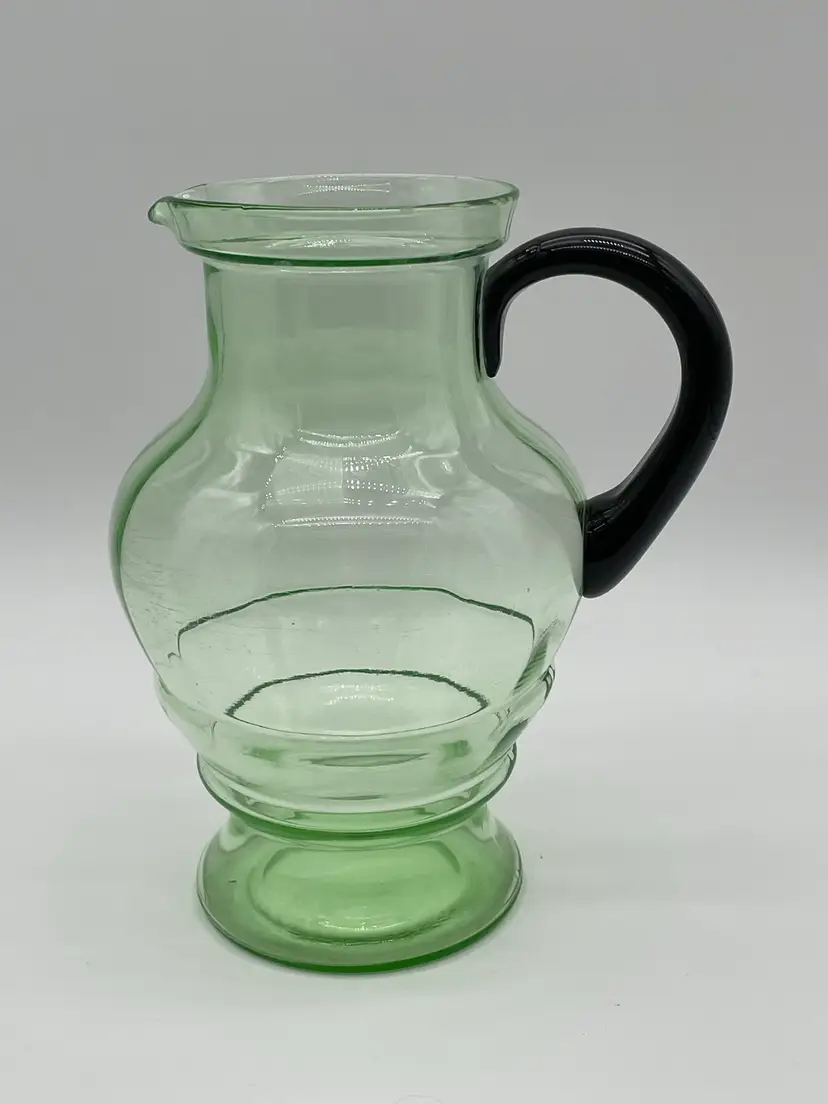 Vintage Large Green Czech Art Glass Pitcher With Black Handle 