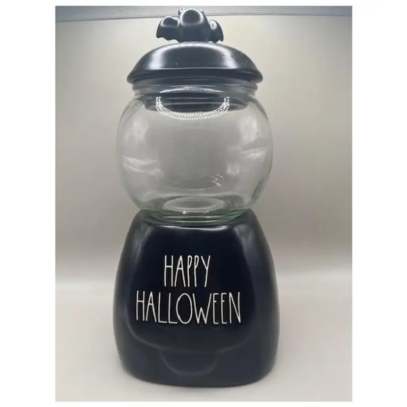#02 - Rae Dunn Halloween Candy Jar ~ Black Ceramic with Bat Lid ~ 'Happy Halloween' Design