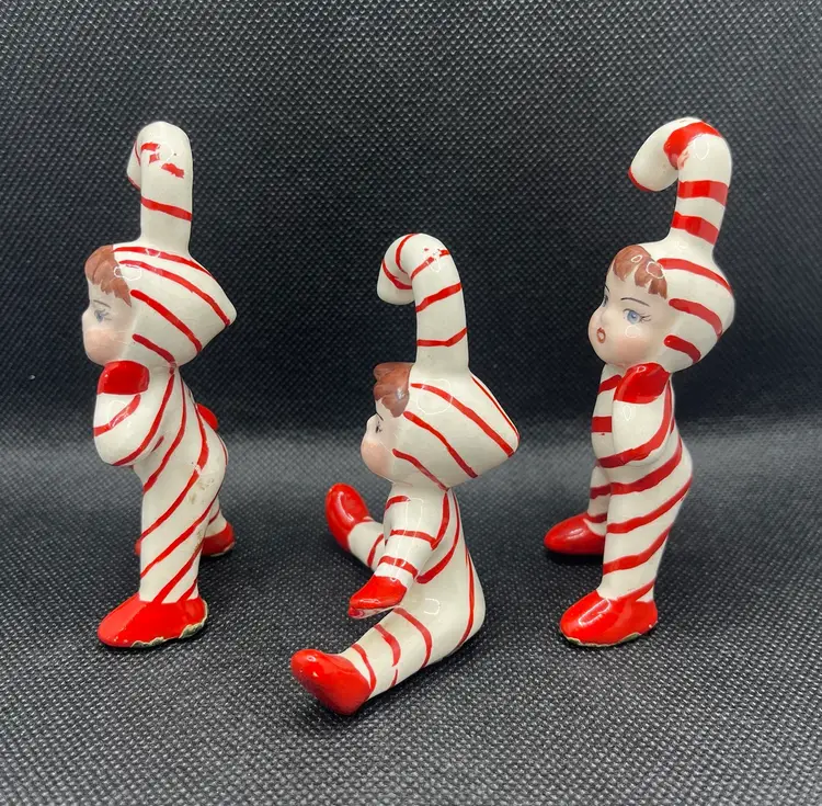 Vintage Hand Painted Candy Cane Pixies Kids Christmas Figurines 1950’s Kitsch Set of 3