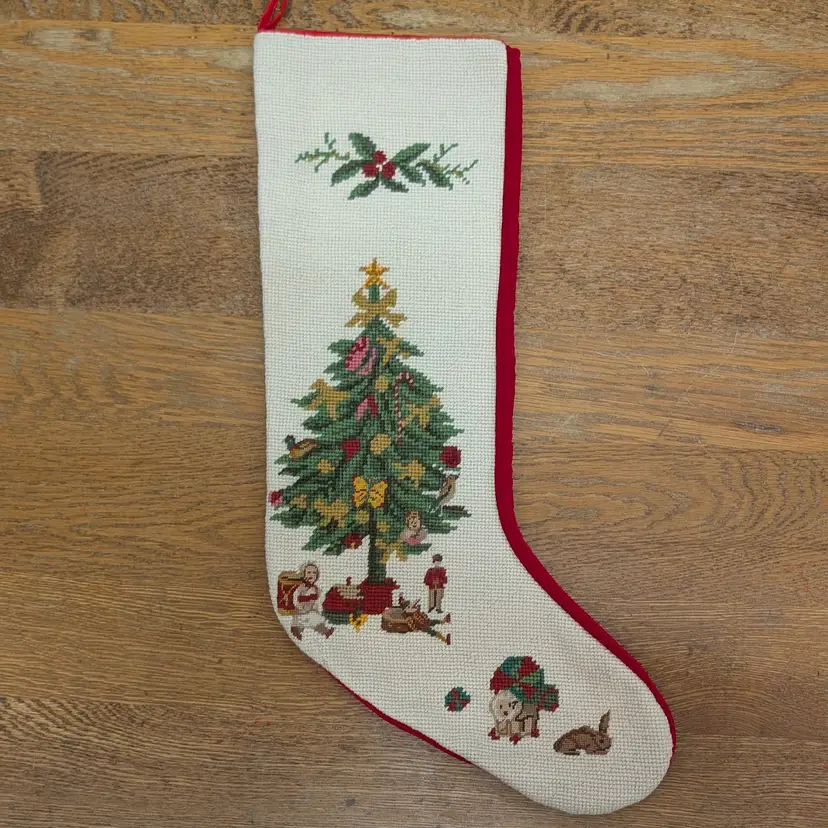 Vintage Wool Needlepoint Christmas Stocking Tree Toys Holly Lined 21 x 10.5”