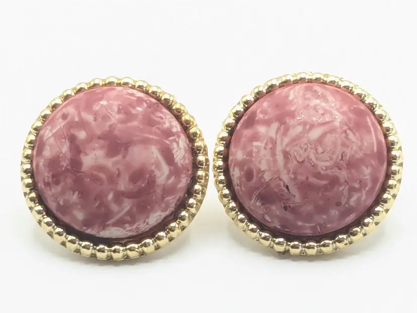 Vintage Gold Tone Acrylic Marbled Pink Cabochon Pierced Earrings