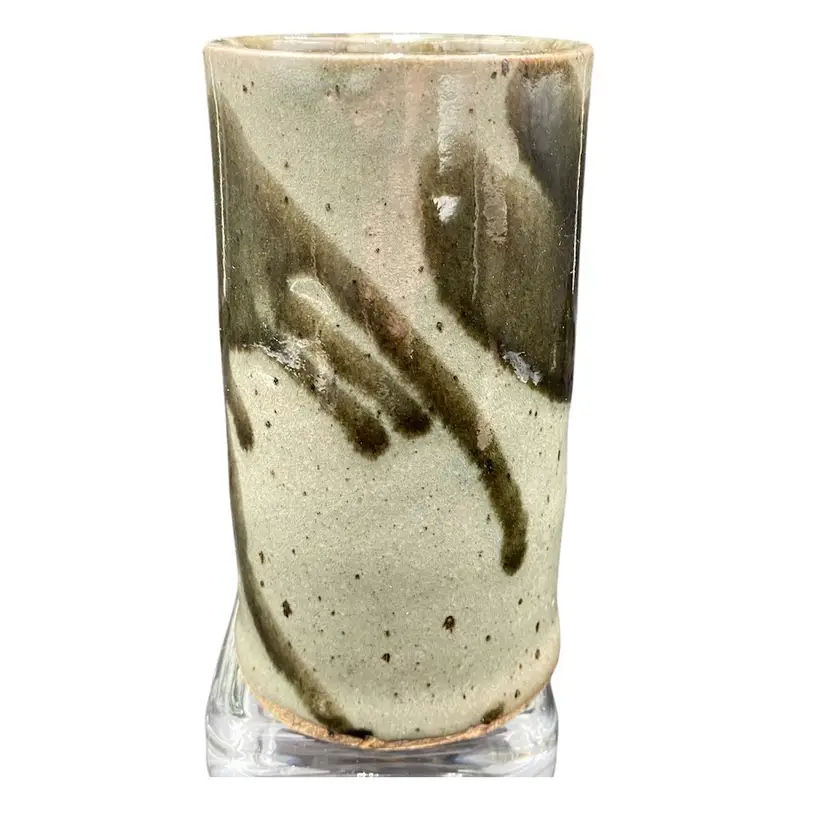 Studio Art Pottery Pillar Vase, Deep Celery and Rich Olive Drip Glazed