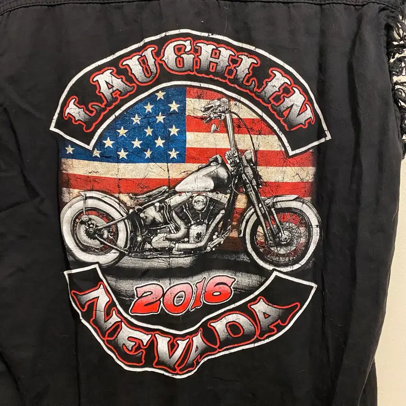 2016 Mens Sleeveless Black Button Down Shirt L 48” Bike Week Biker Laughlin NV