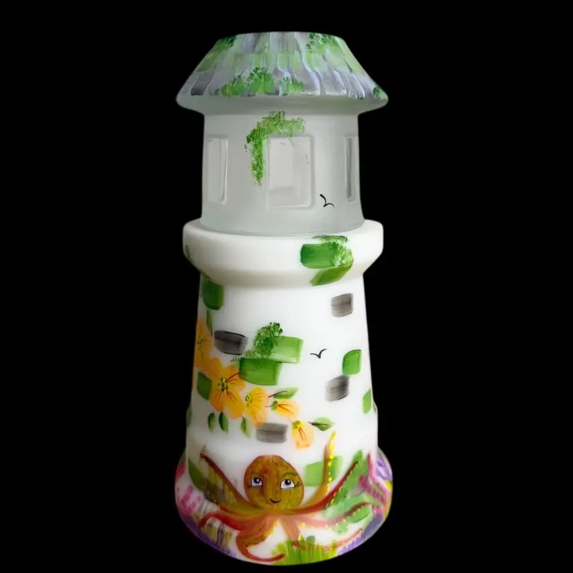 Super FENTON Exclusive Octopus Fairy Lamp Lighthouse #10/12 Hand Painted By Artist Floral•Octopus•Birds•Starfish  2003 Glows
8” T x 4” W