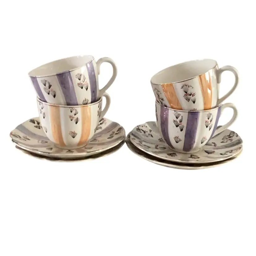 Four Beautiful Orange Blue And Gray Lusterware Japanese Floral Tea Cups And Saucers