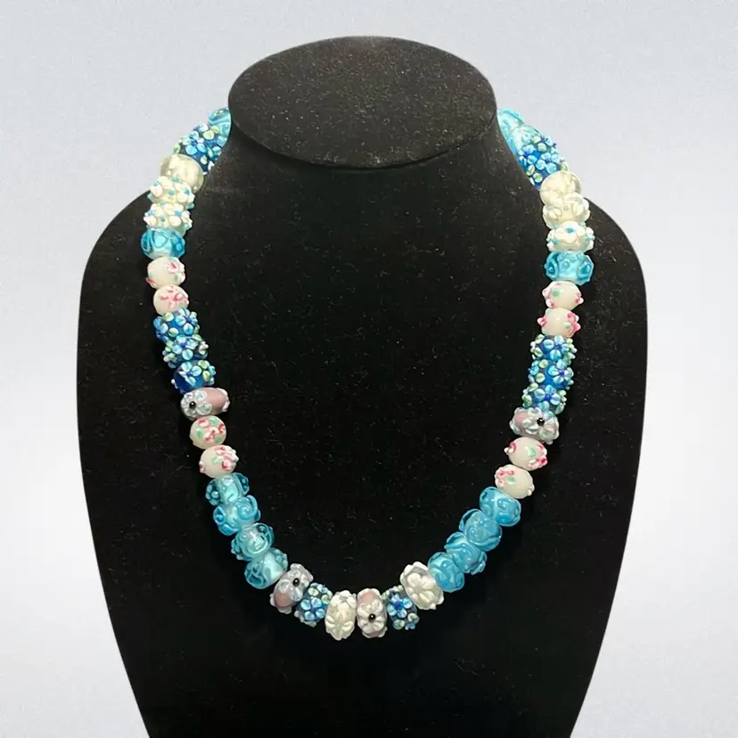 Lampwork Blue Glass Beaded Necklace Or Purse Strap | 22”