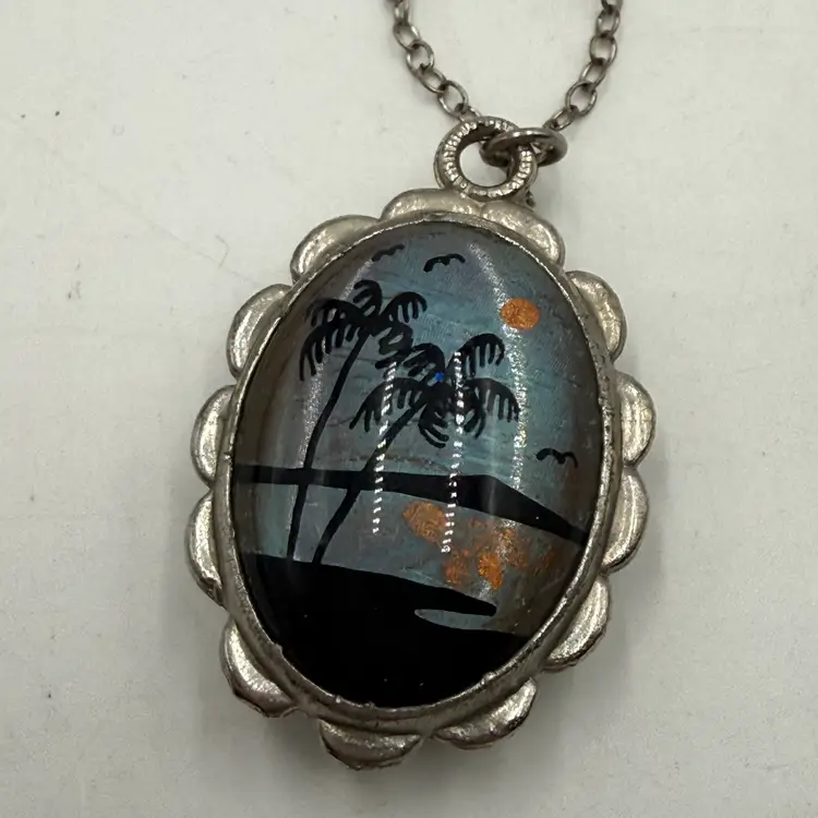 Vintage Double Sided Butterfly Wing Palm Trees & Flamingo Pendant Necklace