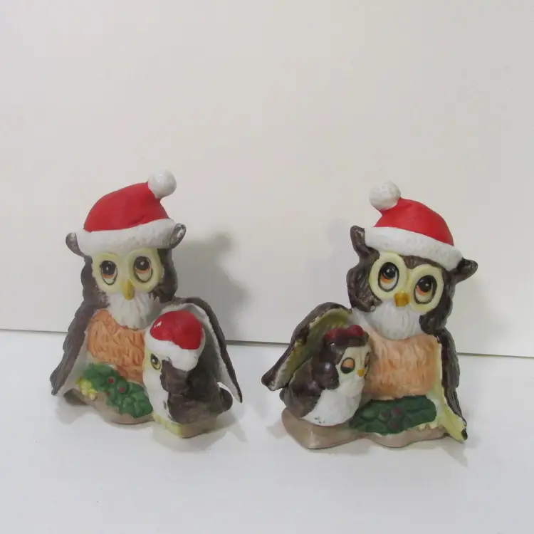 vintage set of Christmas owl family figures 2 figurines owl Santa hat