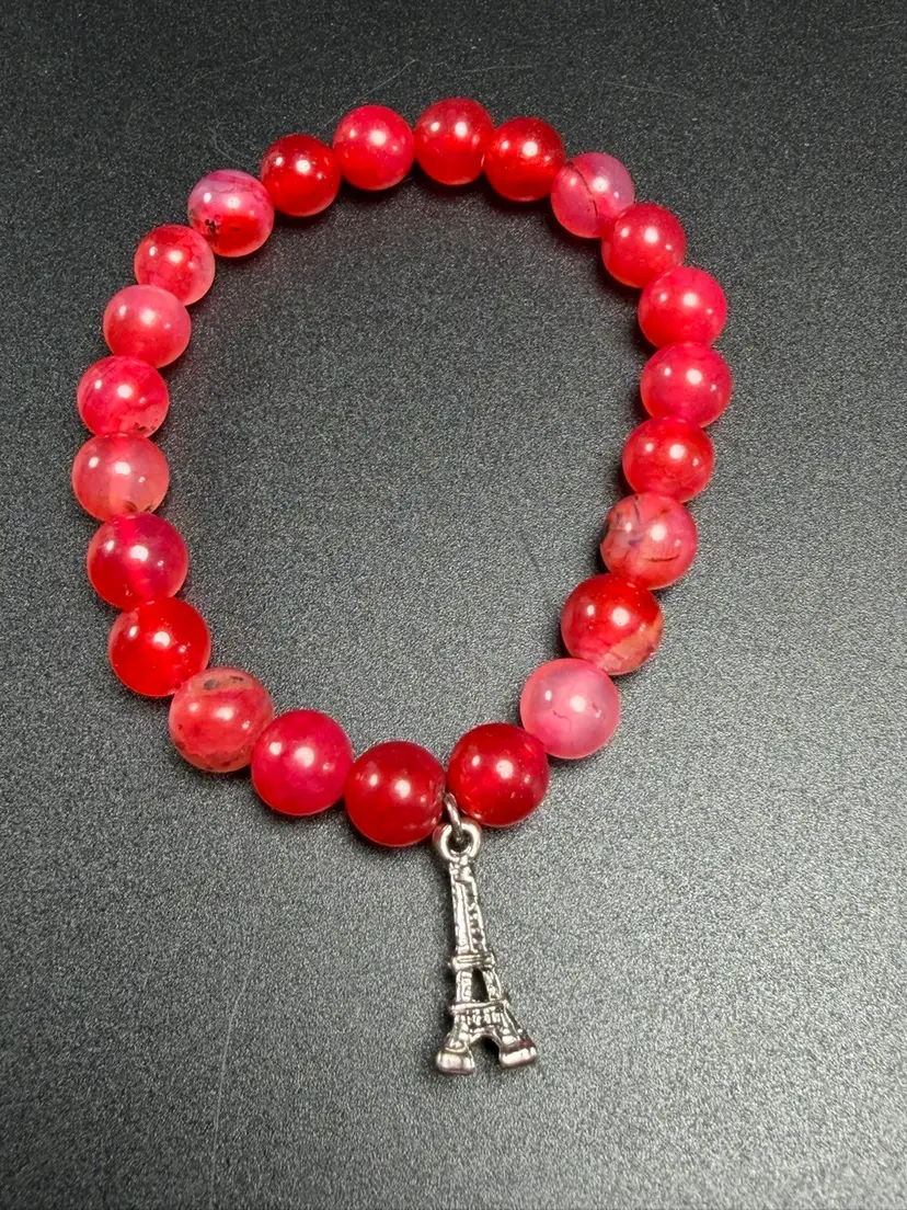 Agate Stretch Bracelet 8mm Beads Stone Crystal 6.5" Dyed Red Eiffel Tower Charm