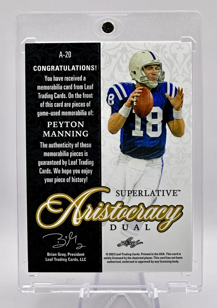 Peyton Manning 2023 Leaf GAME USED Dual Jersey Patch Bookend Numbered 10/10 Indianapolis Colts