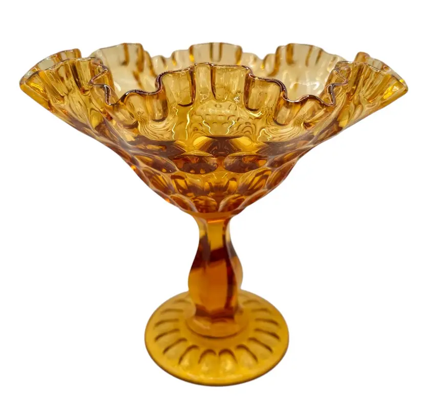 Fenton Glass Colonial Thumbprint Pedestal Compote Candy Dish Amber Ruffled 7”