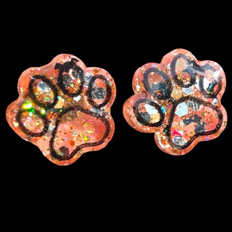 Dog or Cat Paw Resin Stud Earrings. Orange and Black Sparkle Glitter with Holographic Bats. Halloween 🧡🦇
