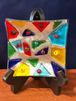 Colorful Murano Fused Art Glass Millefiori Studded Trinket Dish 4.25” Square