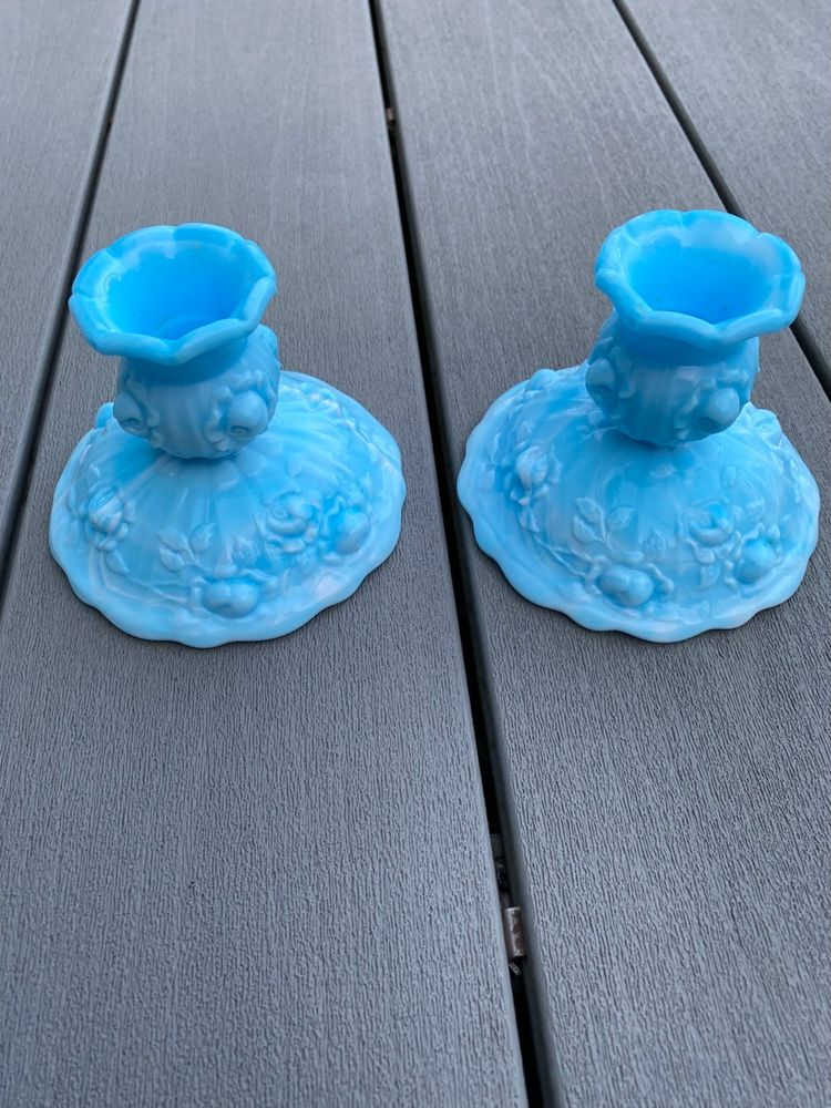 PAIR OF FENTON ROSE CABBAGE AQUA SLAG GLASS CANDLESTICKS