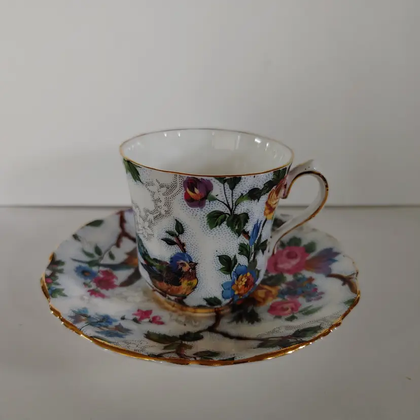 Old Royal Bone China Tea Cup Set. Flowers and blue bird. Est 1846. Made in England.