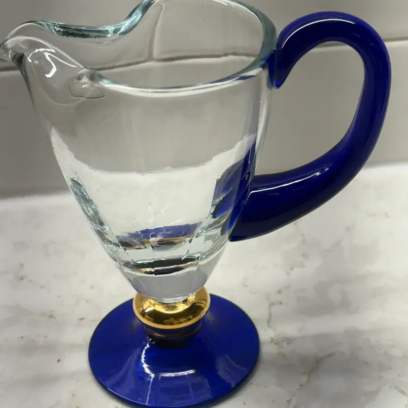VTG Bohemian Art Glass Footed Creamer Cobalt Blue Clear Optic Gold Trim 5.5" MCM